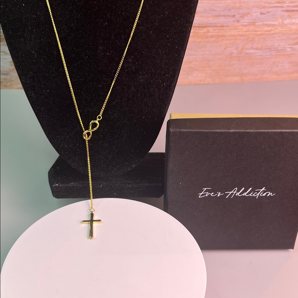 Eve's Addiction Gold Infinity & Cross Lariat Necklace NIB